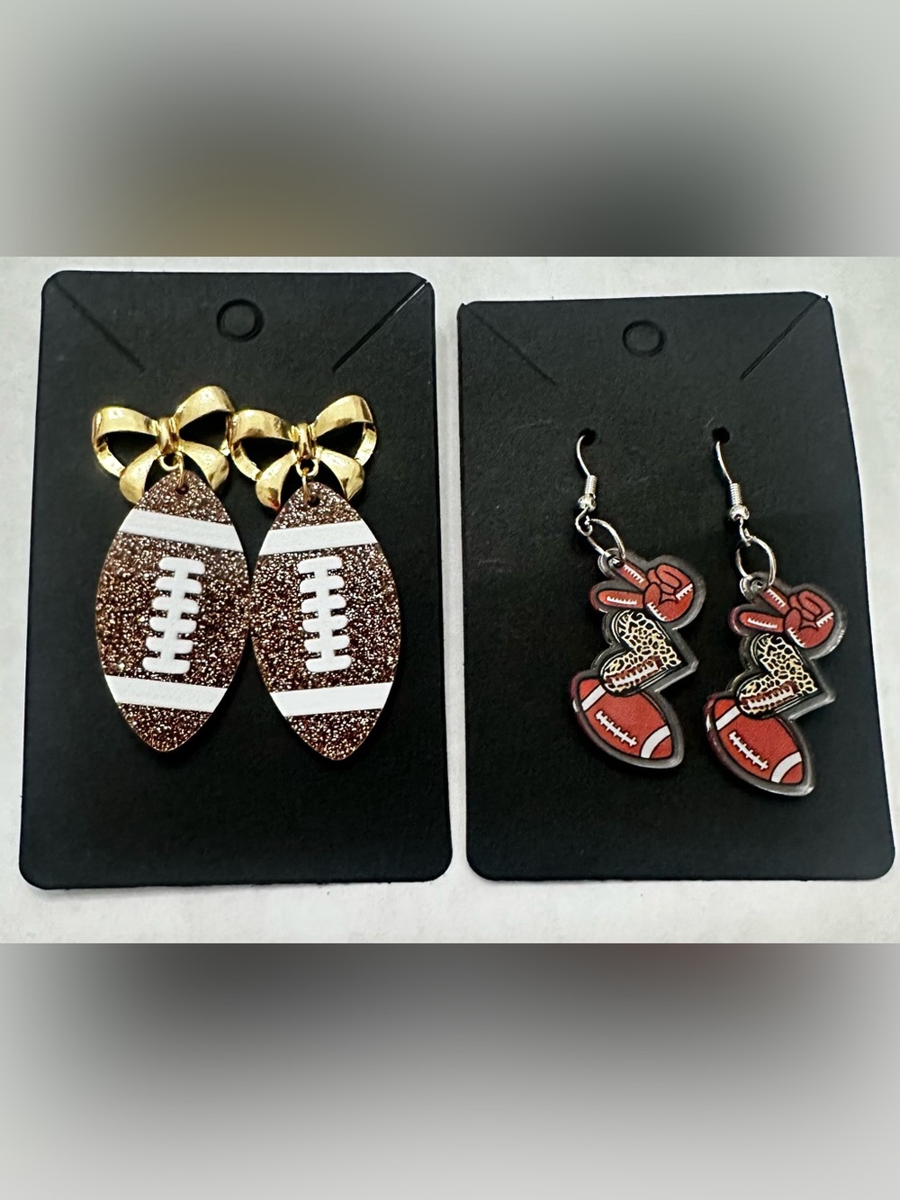 Pairs of Football Earrings 1 Glitter/Bow Post & 1 FB, Heart & peace dangle